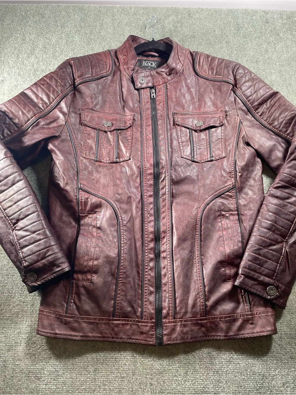 Buckle Men's Burgundy Moto-Style Faux Leather Jacket